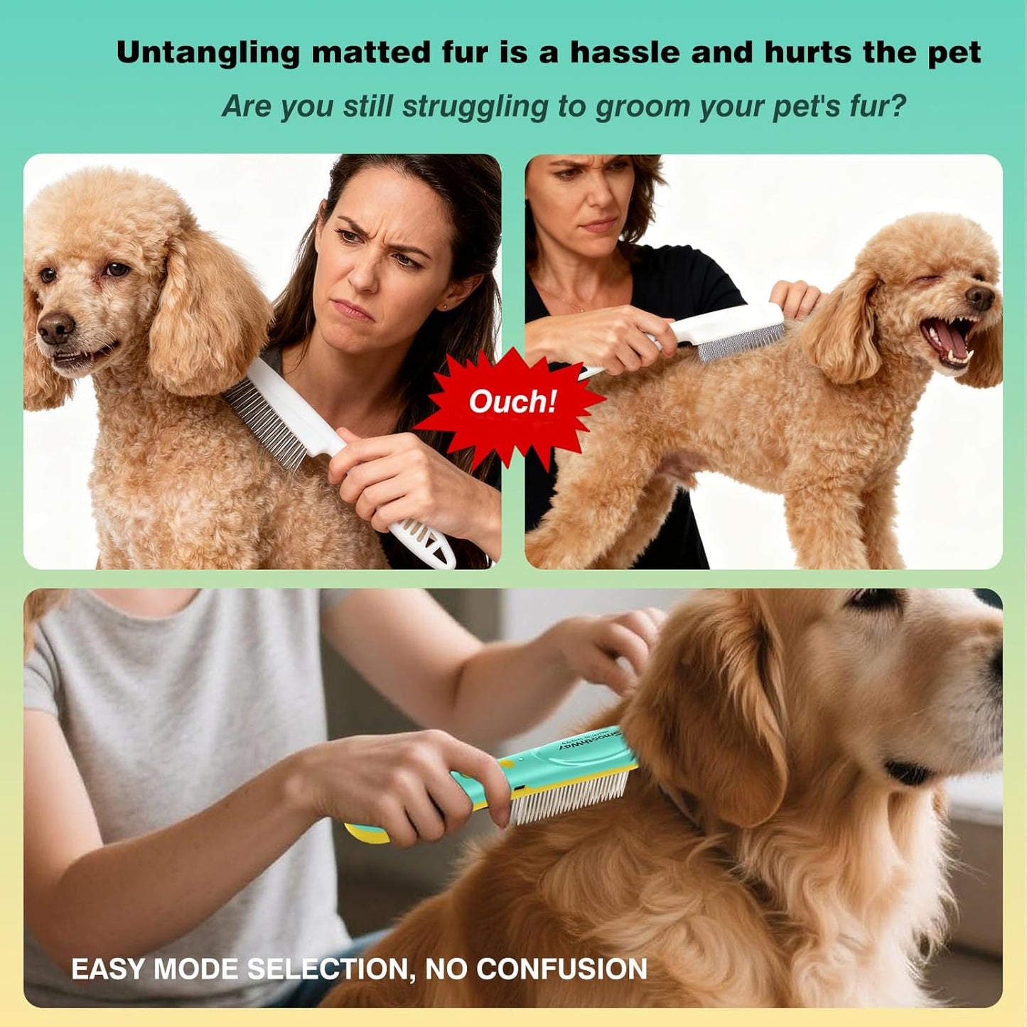 Professional 3-Row Tick & Flea Comb for Dogs & Cats - Stainless Steel Teeth with Negative Ion Anti-Static | Detangling Grooming Tool for Poodles, Shih Tzus & Long Haired Pets