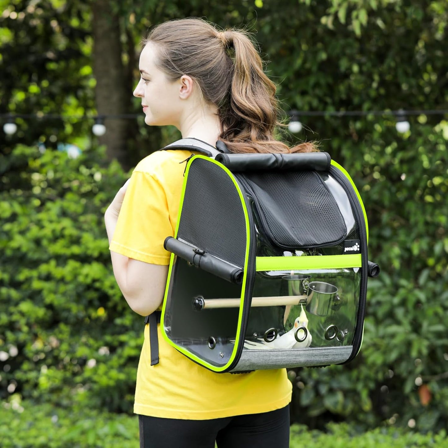 Pecute Bird Carrier Backpack, Parrots Bird Backpack with Visible Window, Adjustable Height Standing Perch, Feeding Cans, Waterproof Pads, Lightweight Foldable Birds Travel Cage for Hiking Camping