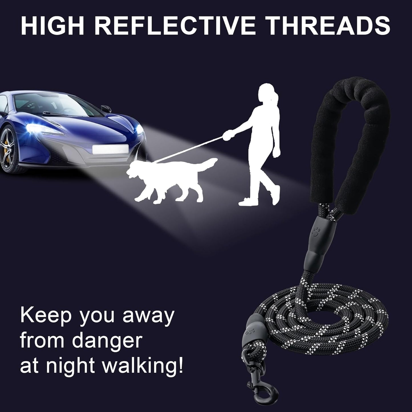 2 Pack Dog Leash, 4/5//6 FT Heavy Duty Nylon Rope Pet Leashes with Comfortable Padded Handle, Reflective Dog Leashes for Small Medium and Large Dogs (5FT-1/2,Black/Black)