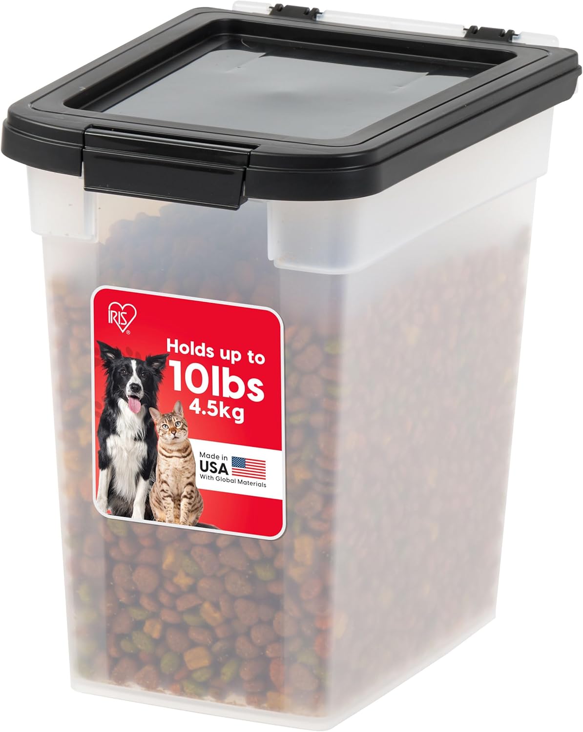 IRIS USA Dog Food Storage Container, 10 Pound, Airtight Seal and Buckle, Easy 1 Hand Opening Hinged Lid, Versatile, Space Saving Compact Size, Pearl/Black