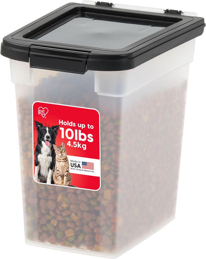 IRIS USA Dog Food Storage Container, 10 Pound, Airtight Seal and Buckle, Easy 1 Hand Opening Hinged Lid, Versatile, Space Saving Compact Size, Pearl/Black