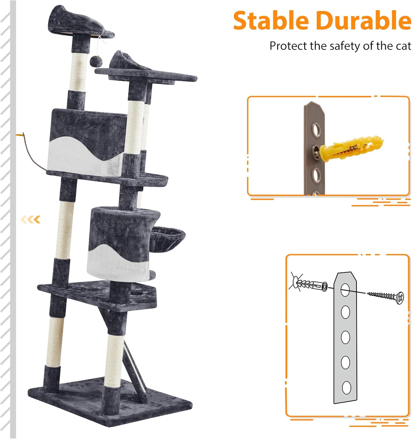 Yaheetech 79in Multi-Level Cat Trees Indoor Cat Tower with Sisal-Covered Scratching Posts, Plush Perches and Condo for Kittens, Cats and Pets - Dark Gray and White