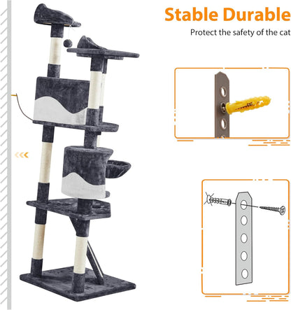 Yaheetech 79in Multi-Level Cat Trees Indoor Cat Tower with Sisal-Covered Scratching Posts, Plush Perches and Condo for Kittens, Cats and Pets - Dark Gray and White