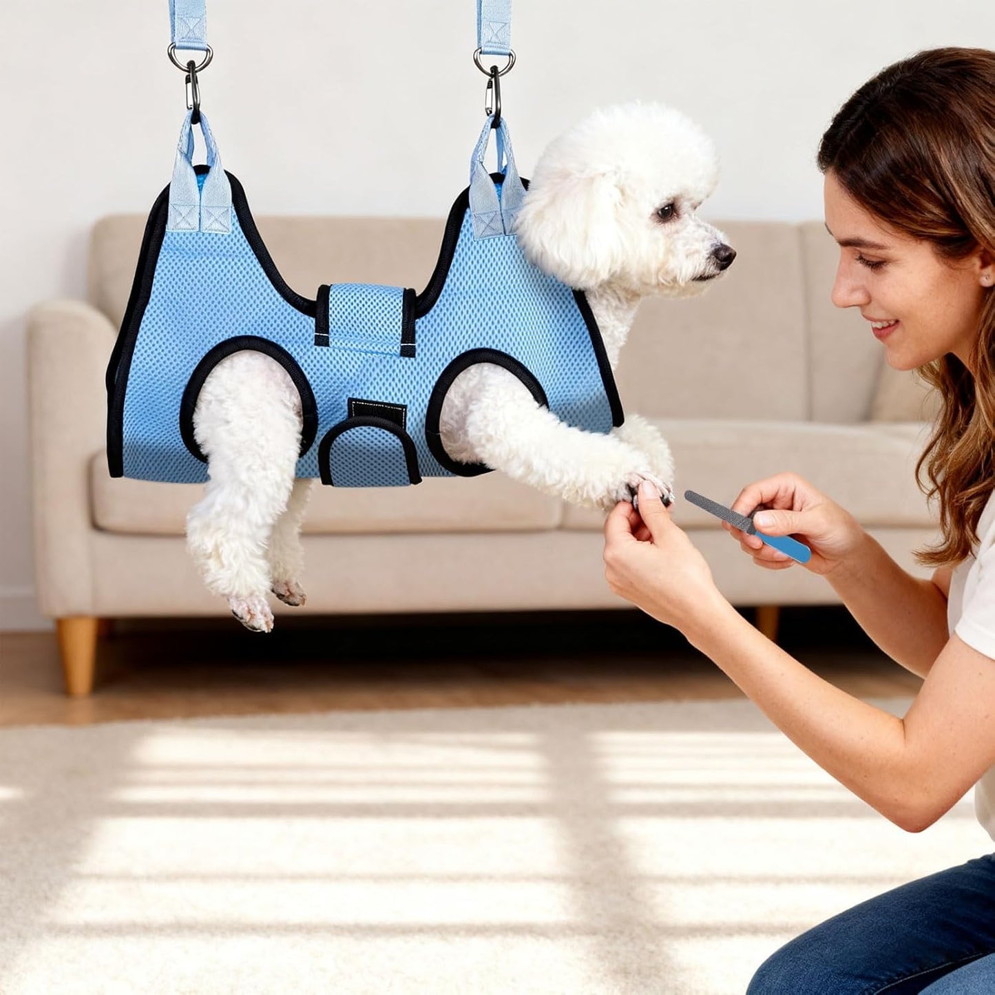 Dog Grooming Hammock, Cat/Small Dog Hammock for Nail Trim, Hanging Harness for Claw Care,Grooming Sling Holder Hanger with Thick Fabric Neck Support Wide Strap Restraint (Blue)