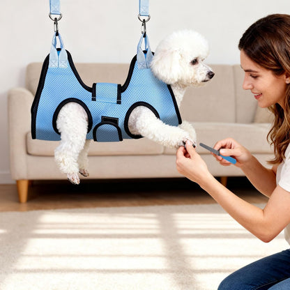 Dog Grooming Hammock, Cat/Small Dog Hammock for Nail Trim, Hanging Harness for Claw Care,Grooming Sling Holder Hanger with Thick Fabric Neck Support Wide Strap Restraint (Blue)