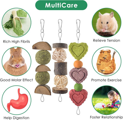 KATUMO 38 PCS Rabbit Chew Toys with 3 Types of Strung Hanging Toys, Natural Bunny Teeth Care Chew Kit Apple Wood Sweet Bamboo Grass Timothy Sticks for Guinea Pig, Hamster, Chinchilla, Small Animals
