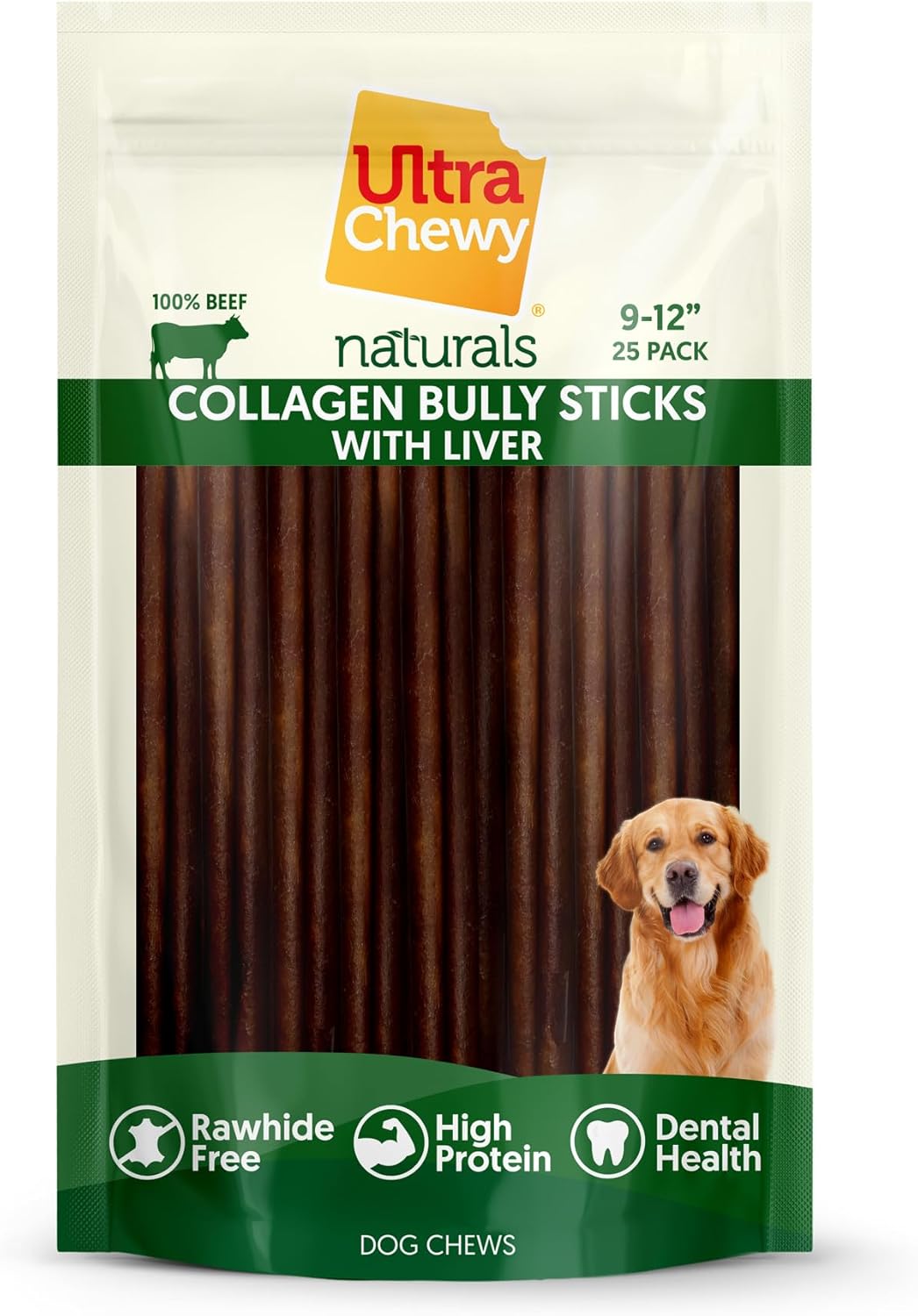 Ultra Chewy Collagen Sticks 9-12 inches (25 Pack) – Long Lasting Odor-Free, All-Natural Dog Chews – Rawhide & Bully Stick Alternative