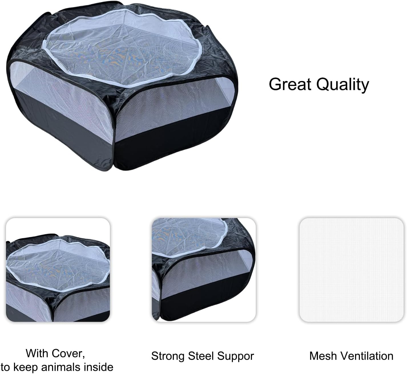 Small Animal Playpen with Zippered Mesh Cover - Portable Foldable Chicken Brooder Box, Indoor Outdoor Enclosure for Guinea Pigs, Bunny, Rabbits, Ferrets, Chinchillas, Kittens (Black)