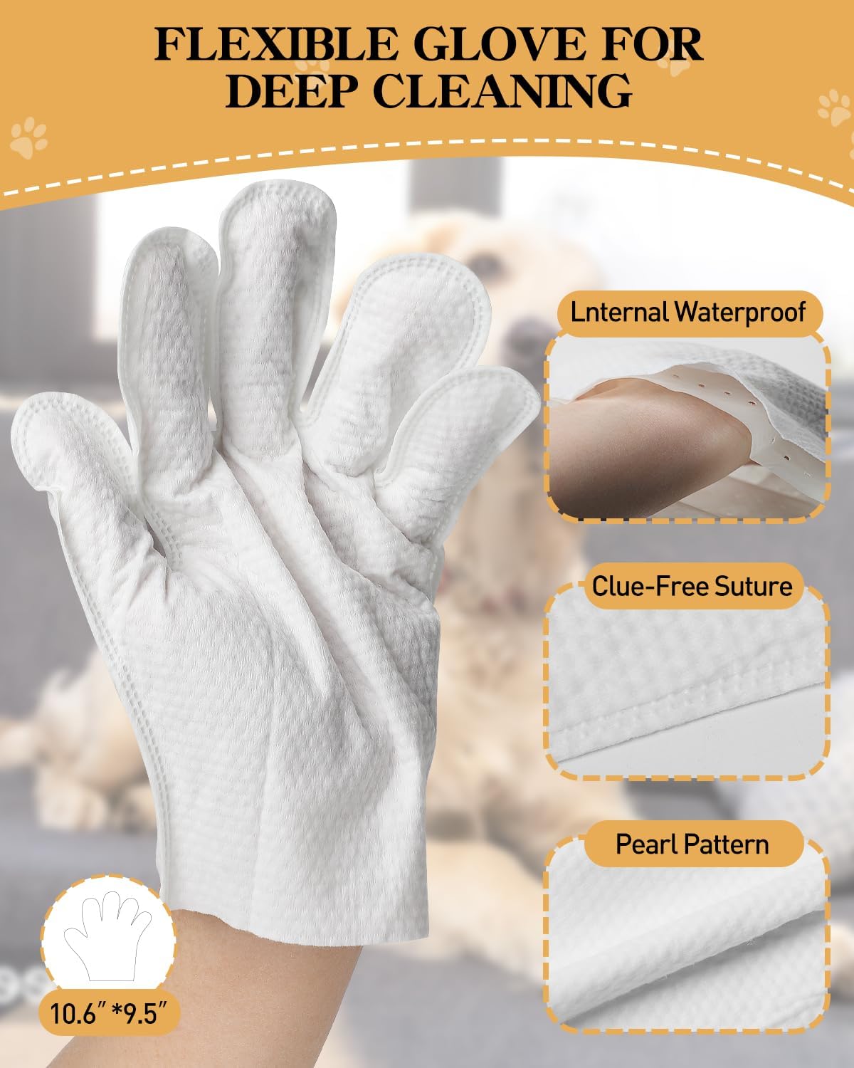 Pet Glove Wipes for Dogs and Cats, Disposable Finger Cleaning Gloves, Gentle Pet Wipes for Paws, Face & Ears, Deodorizing & Moisturizing, Soft & Thick Dog Wipes for Daily Grooming