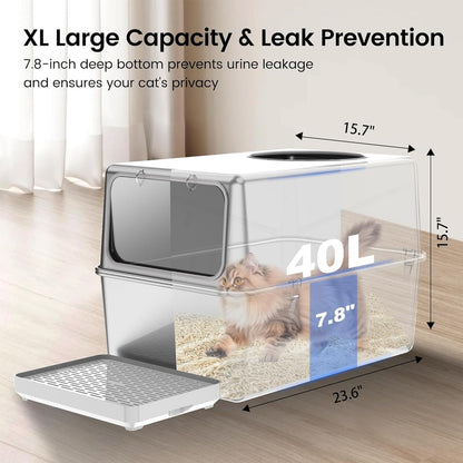 XXL Stainless Steel Sifting Litter Box for Pine Pellets | 16” High Sides, Enclosed & Dog-Proof Cat Litter Box System Metal Sifter Litter Pan System for Big Cats,Odor Control,Easy to Clean