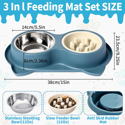 Slow Feeder Dog Food Bowls:Non-Spill/Skid/Ant Prevention Stainless Steel Food & Water Dish Set for S/M/L Size Dogs, Cats, Puppy Pets to Slow Down Feeding (Blue)