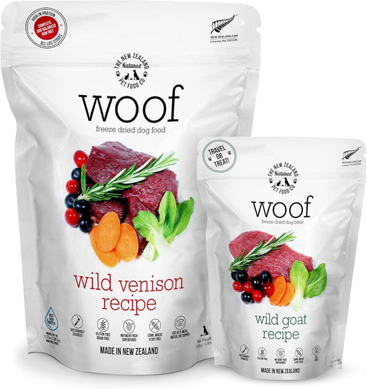 WOOF Freeze Dried Dog Food Bundle - Wild Venison (9.9 oz) & Wild Goat (1.76 oz), High Protein Raw Dog Food, Mixer, Topper, or Treat for All Life Stages