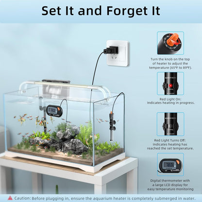 HiTauing Aquarium Heater 25W/50W/100W/200W/300W, Adjustable Knob Fish Tank Heater with Digital Thermometer, Submersible Betta/Turtle Tank Heater for Freshwater and Saltwater Tanks