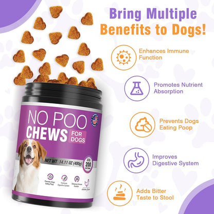 400 Chews No Poo Chews For Dogs-Stool Deterrent For Dog Eating Poop-Coprophagia Deterrent For Dogs-Gut Health & Immune Support-Digestive Enzymes Probiotics Supplement-2*200 Soft Chews-Chicken Flavor