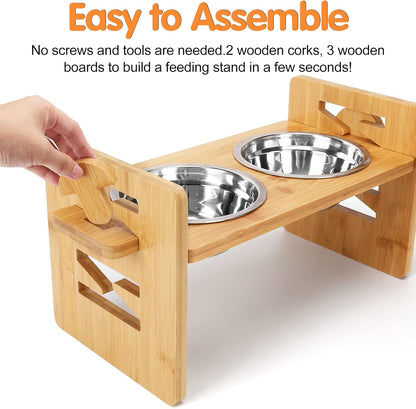 Elevated Dog Bowls, Adjustable Raised Tilted French Bulldog Food Water Bowl, Slanted Bamboo Pet Feeding Station with Stainless Steel Bowl for Small & Medium Dogs, Cat Kitten Flat Faced Puppy Feeder