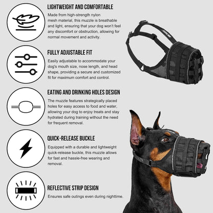 OneTigris Dog Muzzle, Military-Grade Soft Muzzles, Reflective Breathable Adjustable Dog Muzzle for Medium Large Sized Dogs, Prevent Biting Chewing Fighting, Allow Panting Drinking
