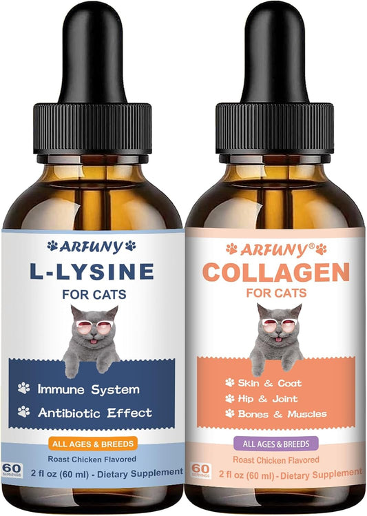 Lysine for Cats & Collagen for Cats - Respiratory, Sneezing, Runny Nose, Eye Function - Hip & Joint, Digestive & Immunity Support - with L-Lysine, Astragalus, Collagen, MSM - Roast Chicken Flavor