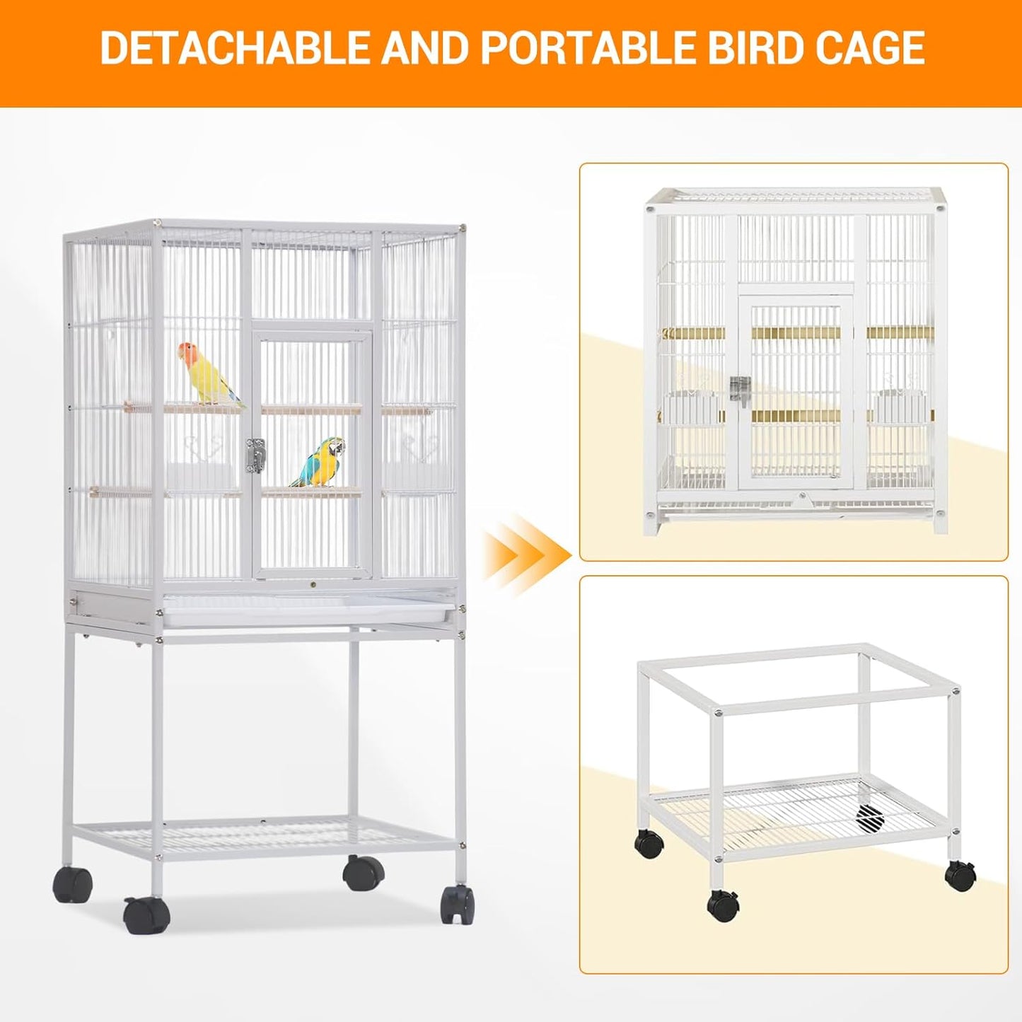 41-Inch Large Parrot Cage with Rolling Stand, Pull-Out Tray & Food Bowls - Spacious Birdcage for Parakeets, Conures, Cockatiels