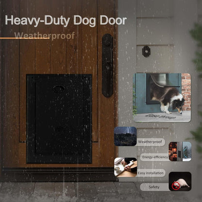 [Classicmacher] Heavy Duty Dog Door with Double Sliding Lock Panel, Aluminum Large Doggie Door for Exterior Door, Magnetic Double Flaps Dog Door for L arge and Medium Dog Up to 100 Lbs (Large,Black)