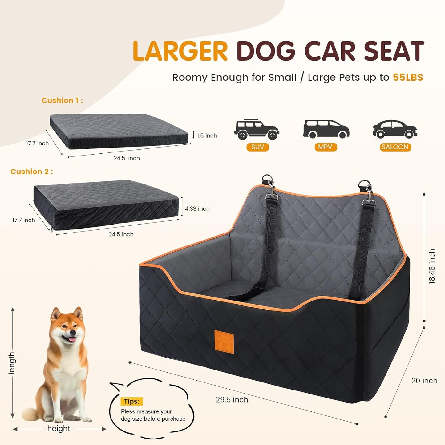 Dog Car Seat Large Medium - Sized Dog Car Pet Bed for Dogs Under 55 Lb or 2 Small Dogs,Safety Memory Foam Booster Seat 2 Cushions,Large Pet Bed Seat for Backseat