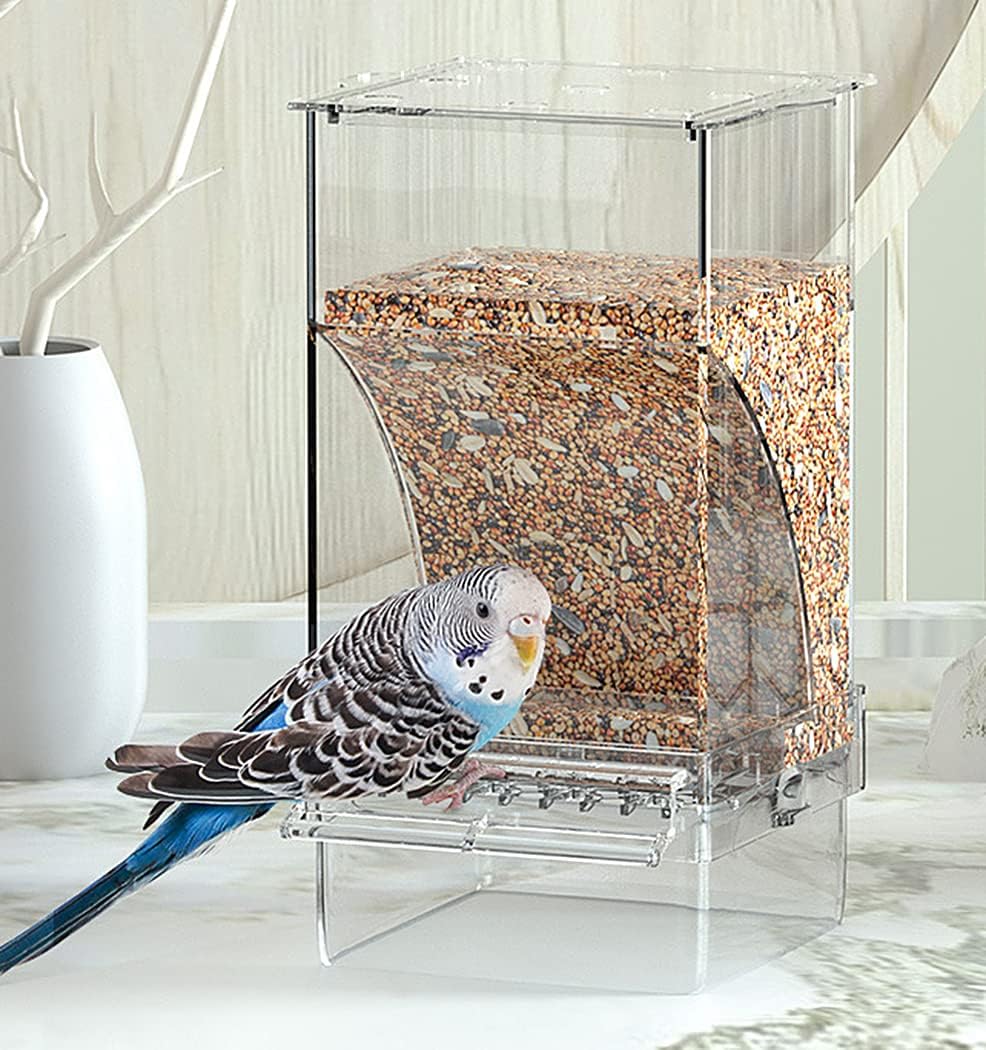 Kenond No Mess Bird Feeder Water Dispenser Set, Automatic Parrot Feeder Cage Accessories, Clear Parakeet Seed Container Food Drinker for Cage, Cockatiel Finch Lovebirds Budgies Canary (Blue)