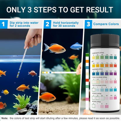7IN1 Aquarium Test Strips - 50 Strips Aquarium Test Kit Fish Tank Test Kit Quick&Accurate Testing Freshwater&Saltwater Nitrate Nitrite Hardness Free Chlorine pH Carbonate Total Alkalinity