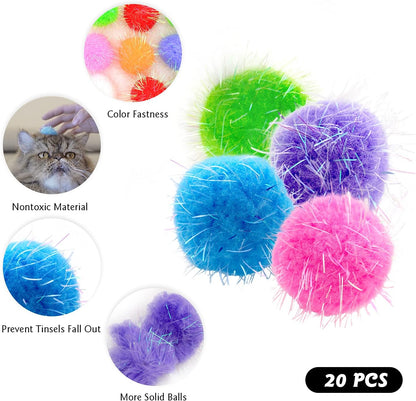 20PCS 1.5INCH Extra Large Cat's Favorite Chase Glitter Ball Toy Sparkle Pom Pom Balls