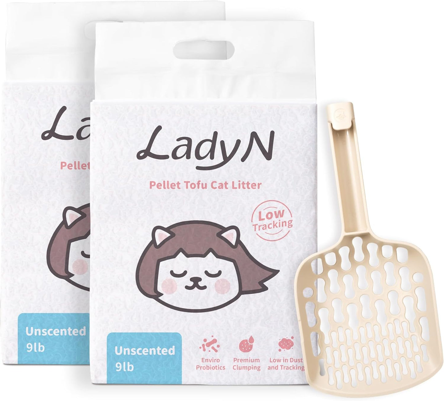 Lady N Ultimate Litter Bundle: Pellet Tofu Cat Litter (Unscented 18lb) + Infinity Scoop, Dust-Free, Low Tracking, Odor Control, with Scoop Designed for Tofu Litter