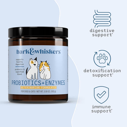 Bark & Whiskers Probiotics + Enzymes - Supports Digestive Health & Immune System - Probiotic Supplement for Cats & Dogs - 60 Scoops