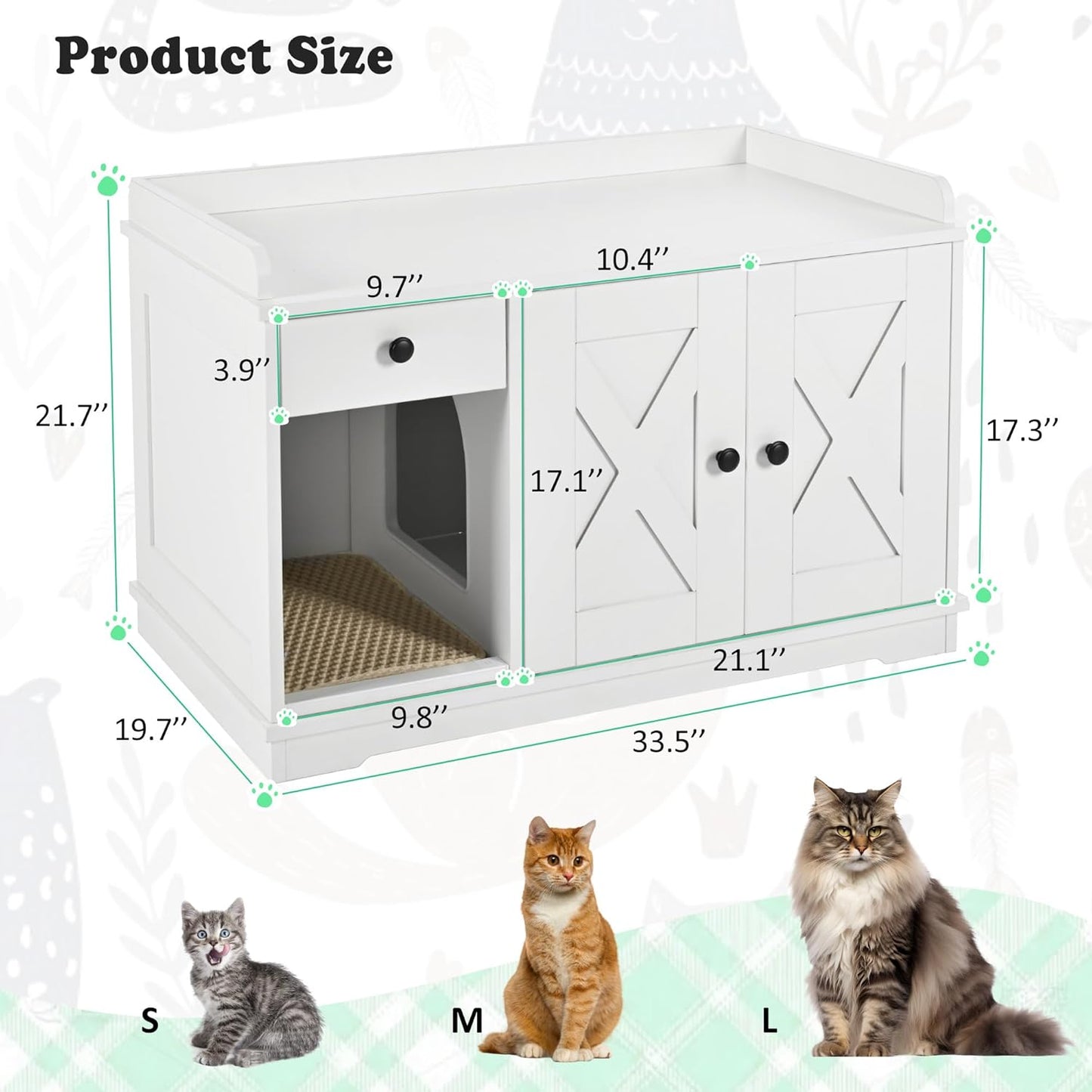 Merax Farmhouse Hidden Cat Litter Box Enclosure with Barn Door & Mat, Wooden Cat Washroom Furniture with Litter Box,Cat House with Storage Drawer Side Table Cabinet for Living Room, White