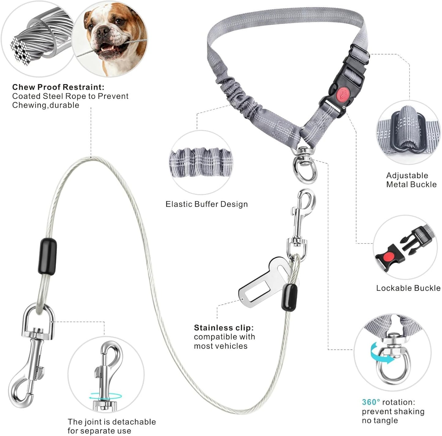 Idepet Dog Seat Belt for Car, 2 Pcs Stainless Steel Chew Proof Dog Seatbelt, 3 in 1 Dog Harness for Car Safety Seat Belt, Heavy Duty Pet Car Seat Belt for Medium & Large Dogs (Grey+Grey)