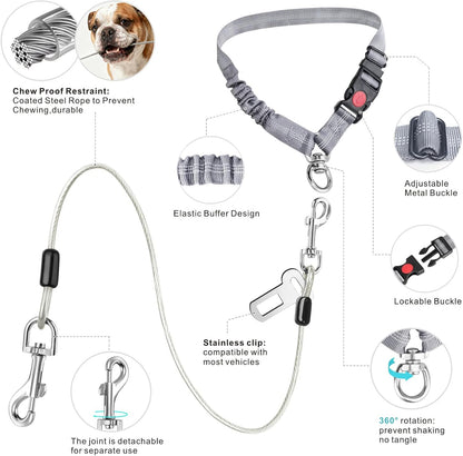 Idepet Dog Seat Belt for Car, 2 Pcs Stainless Steel Chew Proof Dog Seatbelt, 3 in 1 Dog Harness for Car Safety Seat Belt, Heavy Duty Pet Car Seat Belt for Medium & Large Dogs (Grey+Grey)