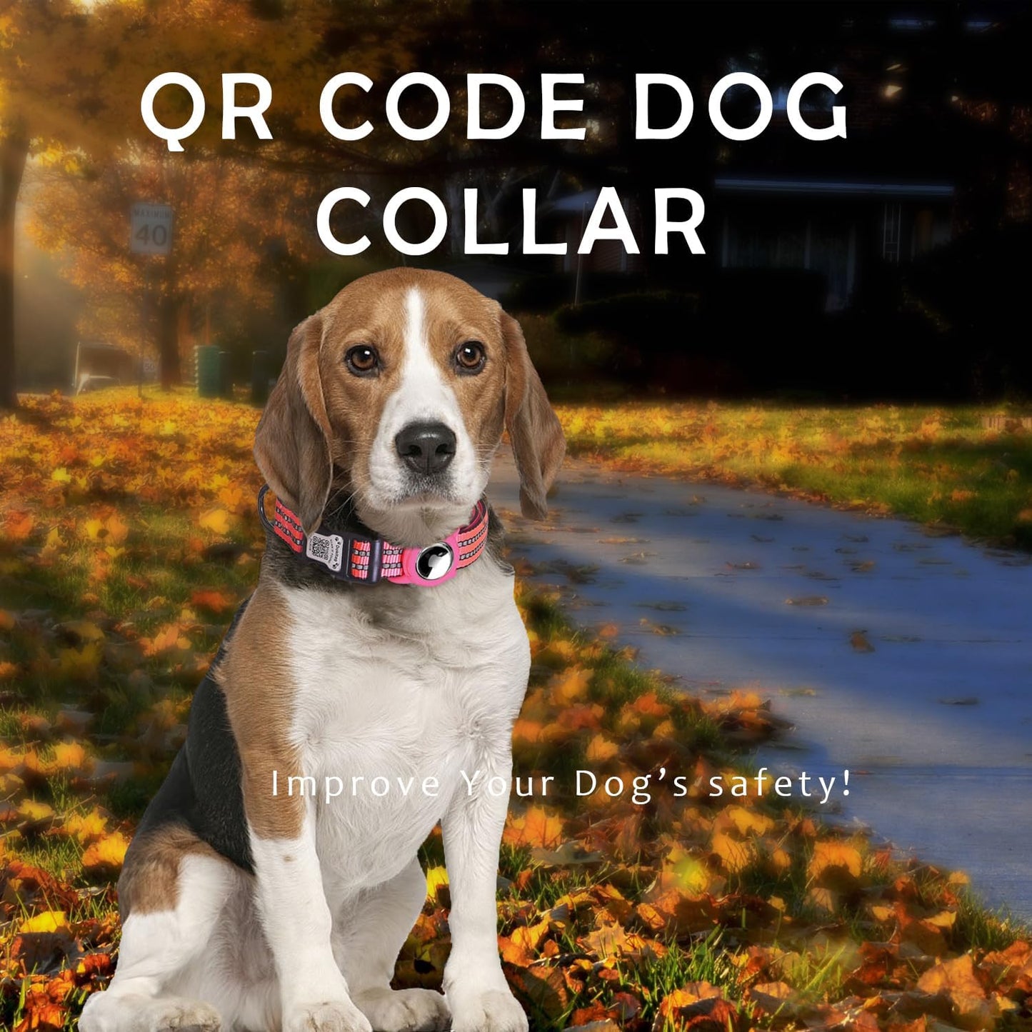 Reflective Dog Collar with Apple AirTag Holder & QR Code Pet ID Tag,Soft Nylon Adjustable Dog Tracker Collar with Safety Lock for Large Dogs(Rose Red, L)