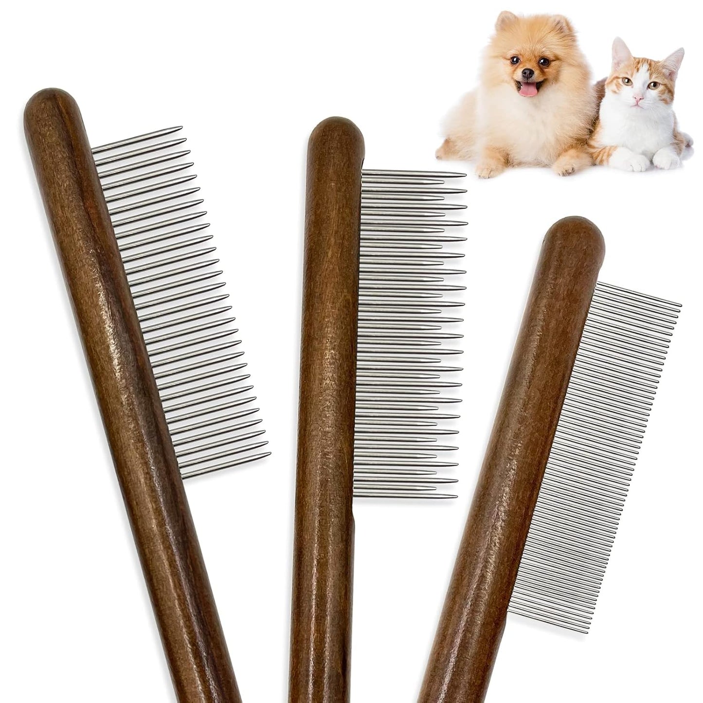 3 Pack Solid Wood Cat Combs, Stainless Steel Teeth for Cat Dog Rabbit Massage, Flea Lice Comb Removes Mats, Tangles and Loose Fur, Grooming Comb for Small Medium Pets