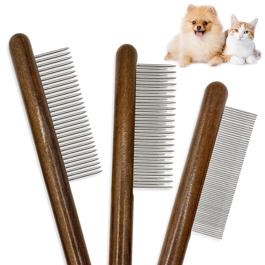 3 Pack Solid Wood Cat Combs, Stainless Steel Teeth for Cat Dog Rabbit Massage, Flea Lice Comb Removes Mats, Tangles and Loose Fur, Grooming Comb for Small Medium Pets