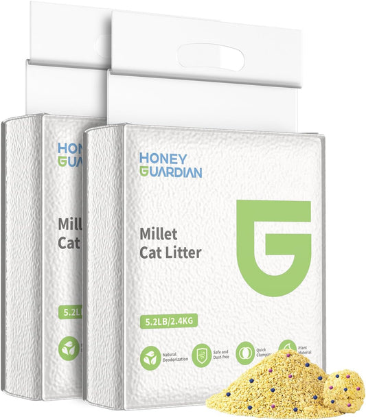 HoneyGuardian Millet Cat Litter Fast Clumping, 100% Natural Ingredients Litter, Flushable, Really Dust Free, Lightweight,Ultra Absorbent, Solubility in Water(5.2lb×2bag)