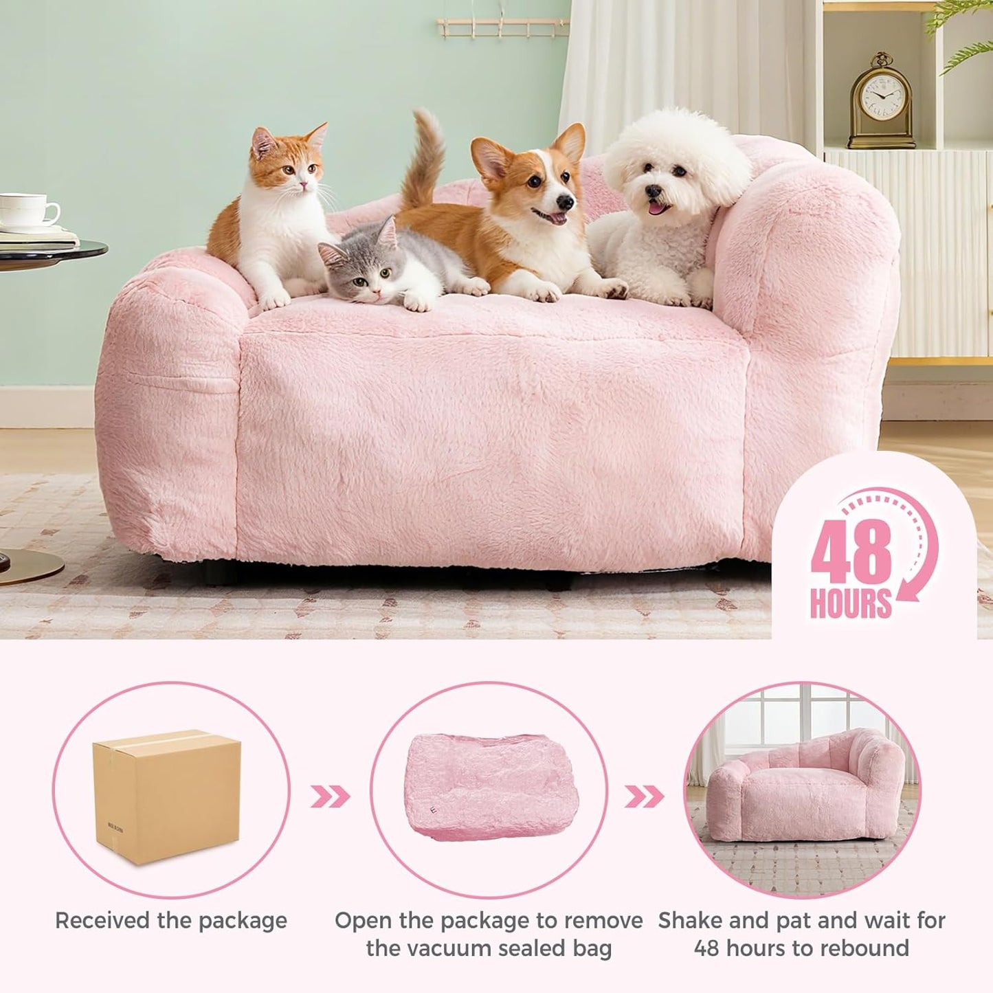 51 Inch Dog Sofa Couch for Large Medium Dogs up to 130 Lbs, Memory Foam Pets Sofa with Faux Fur Fabric Pink