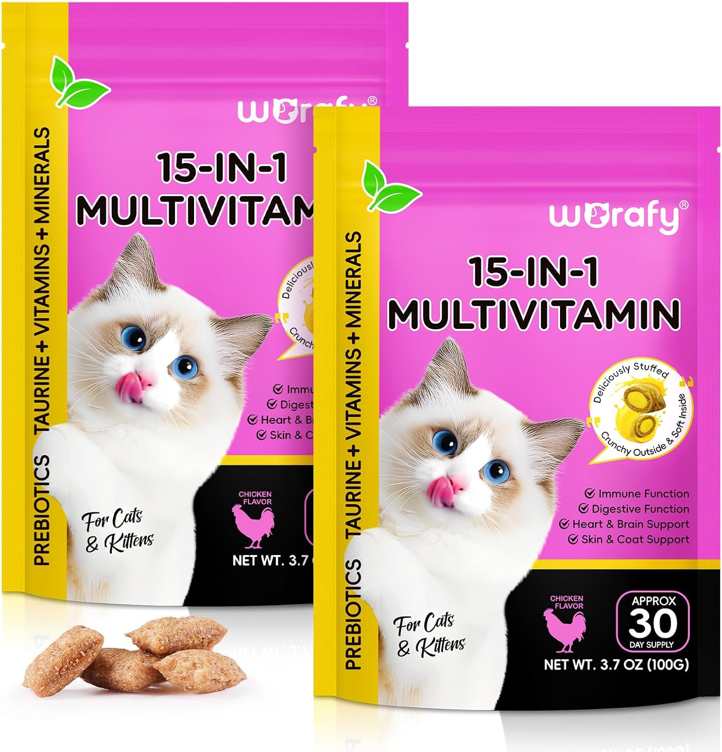 Cat Vitamins Chews, 15 in 1 Cat Multivitamin Treats for Health, Immune, Joint Support, Skin & Coat, & Digestion, Vitamins with Taurine, Omega-3s & Probiotics, Chicken (60 Day Supply)