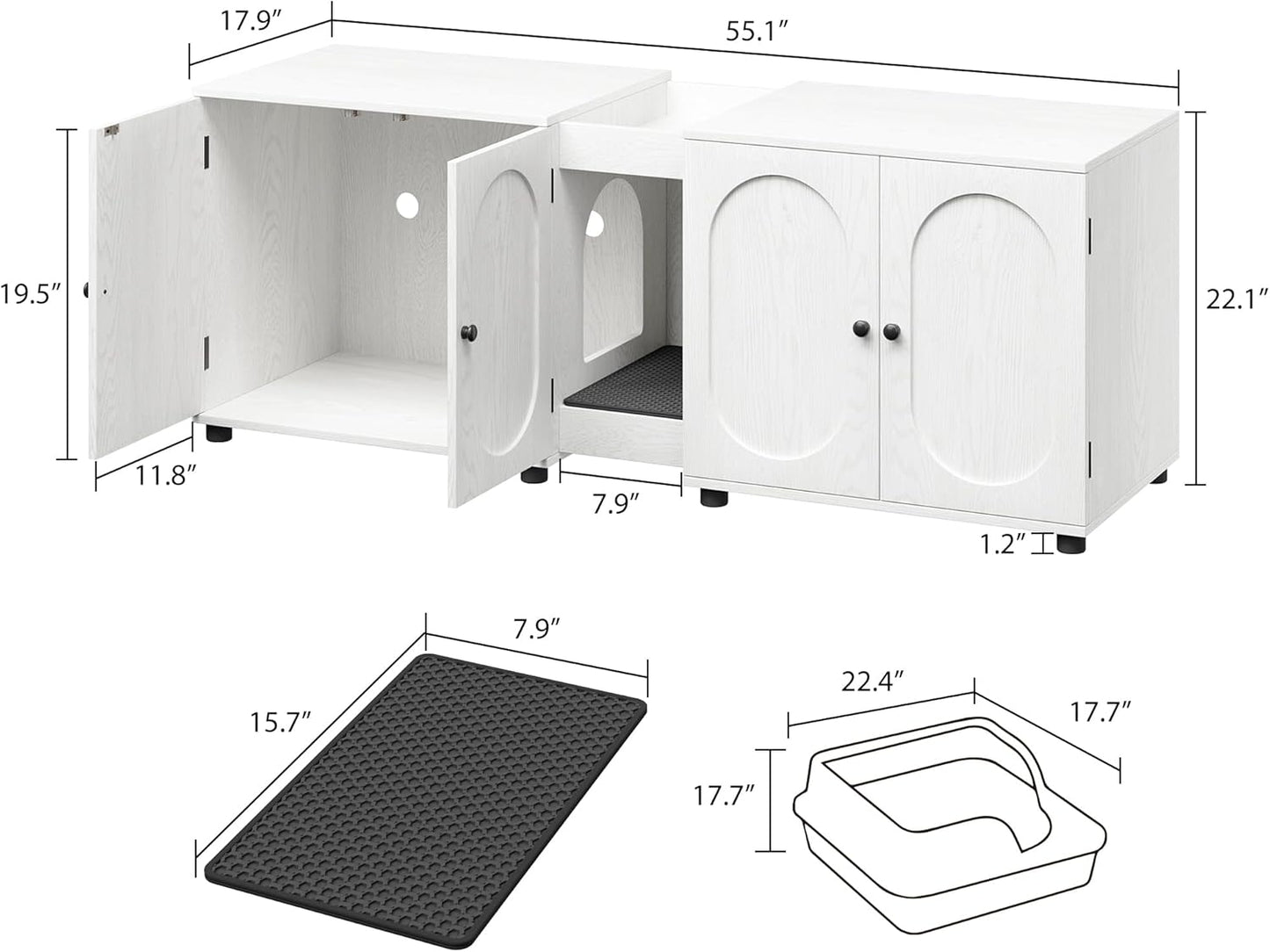 55" Double Cat Litter Box Enclosure for 2 Cats, Modern Self Cleaning Extra Large Hidden Cat Litter Box Furniture, Front Entry, Wooden Hidden Cat Washroom, Side End Table, Cat House, TV Stand