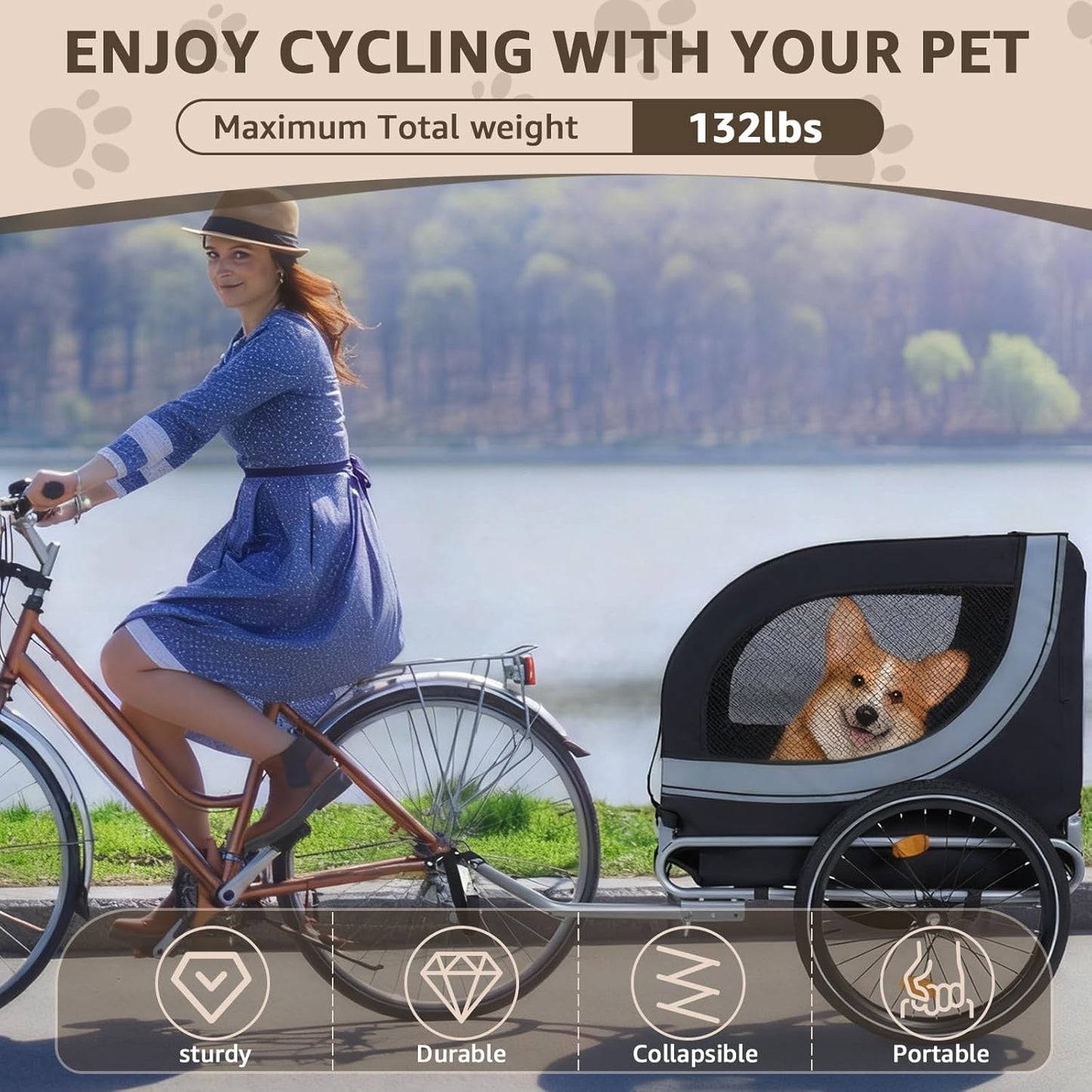 Heavy Duty Dog Bike Trailer for Large Dogs, 132 lbs Pet Bicycle Carrier with Easy Folding Frame, Quick Release Wheel & Universal Coupler, Includes Safety Reflector, Flag and Internal Leash