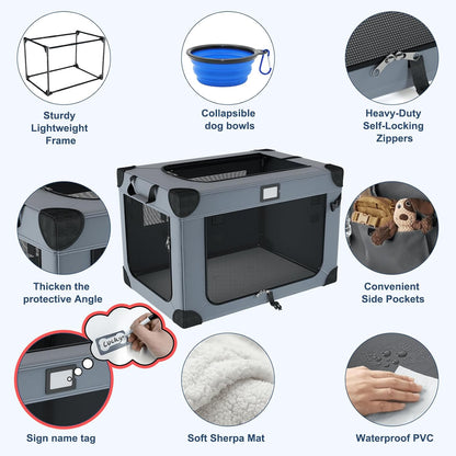 30 Inch Soft Dog Crates, Collapsible Dog Travel Crate for Medium Dogs Indoor & Outdoor, 3-Door Foldable Pet Kennel with Mesh Windows, Soft Blanket and Foldable Bowl