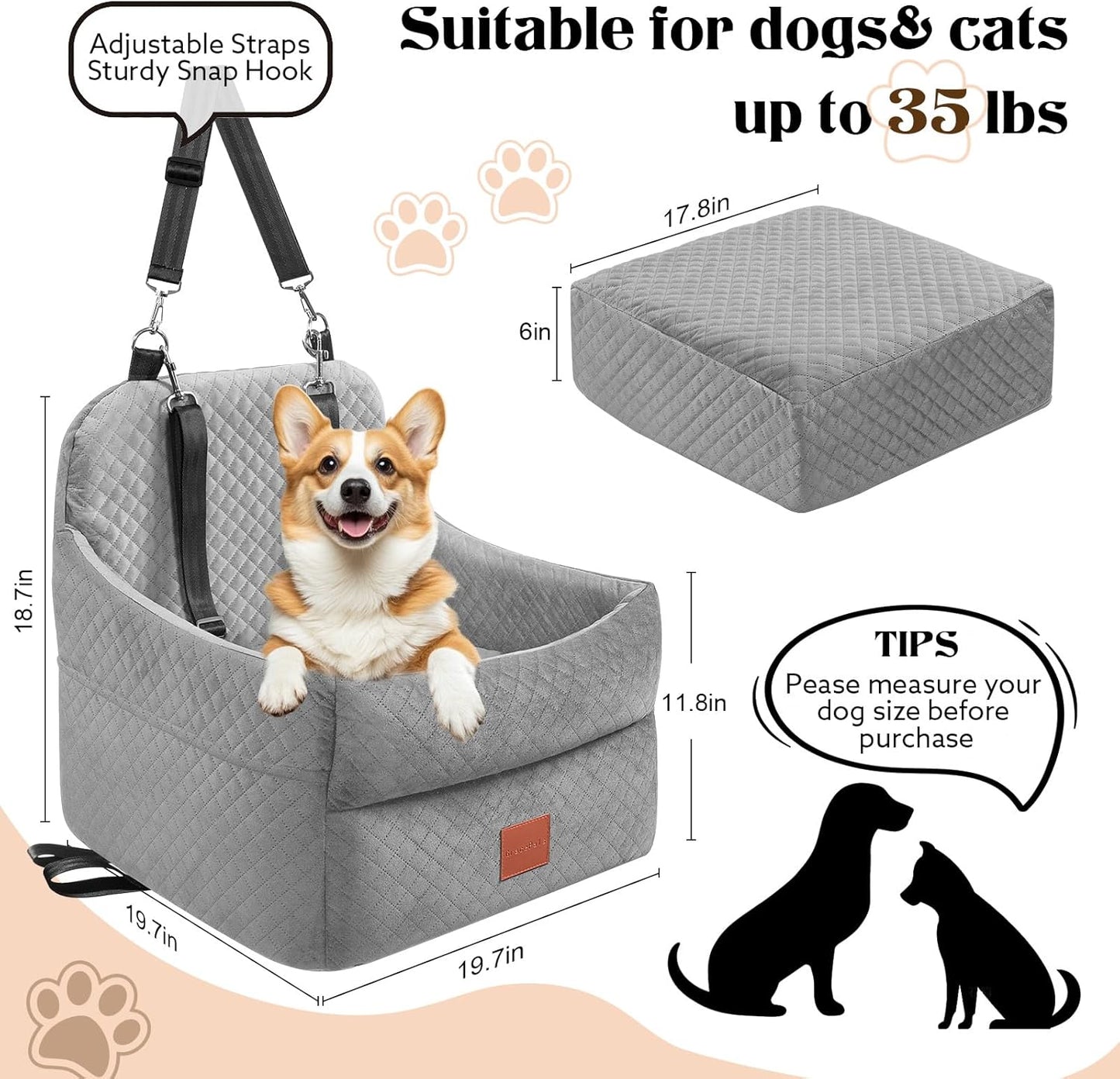 Dog Car Seat for Small/Medium Dogs Under 35lbs, Memory Foam Dog Booster Seats with Washable Removable Cover, Portable Travel-Safe Bed with 2 Safety Belts and Storage Pockets (Grey, Medium)