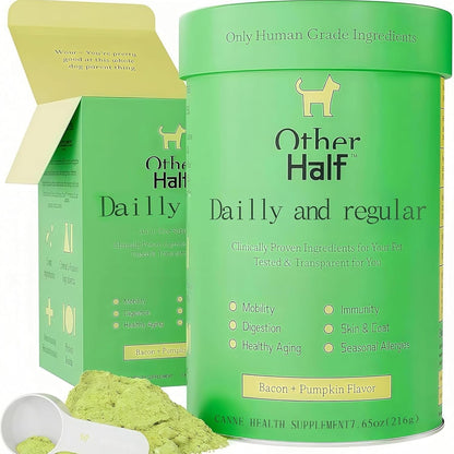 Other Half Dog Multivitamin – Daily Support for Joints, Gut, Allergies, Immune System, Urinary Tract, Skin, and Coat. Contains chondroitin, Omega-3, Dog probiotics, and 45 Active Ingredients