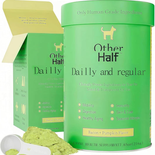 Other Half Dog Multivitamin – Daily Support for Joints, Gut, Allergies, Immune System, Urinary Tract, Skin, and Coat. Contains chondroitin, Omega-3, Dog probiotics, and 45 Active Ingredients