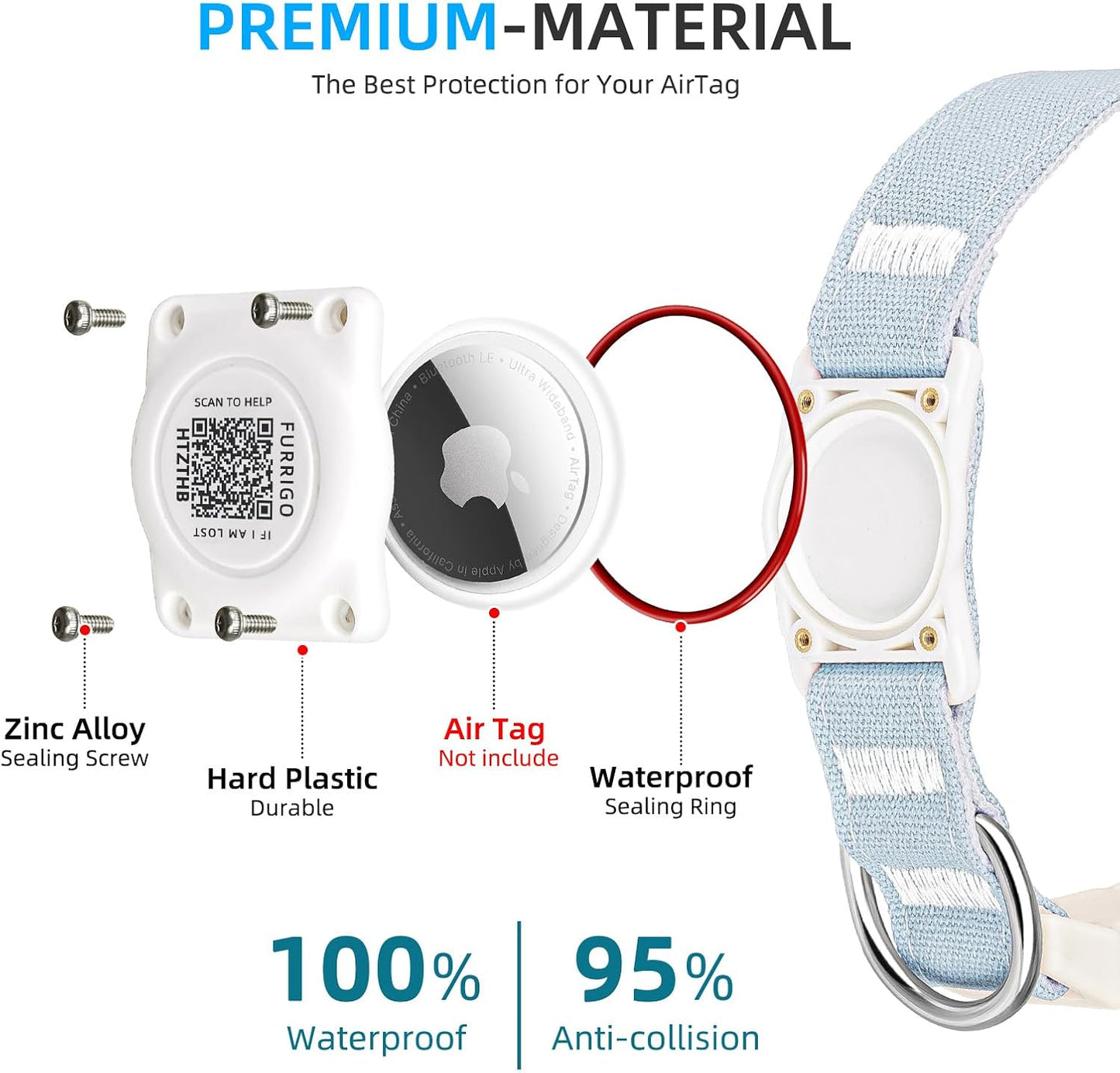 Airtag Dog Collar QR Code - IP68 Waterproof Integrated Air Tag Dog Collar Holder ID Tag - Free Pet Online Profile - Durable Natural Cotton Hemp - Fits for Small Medium Large Dogs (Blue, L)