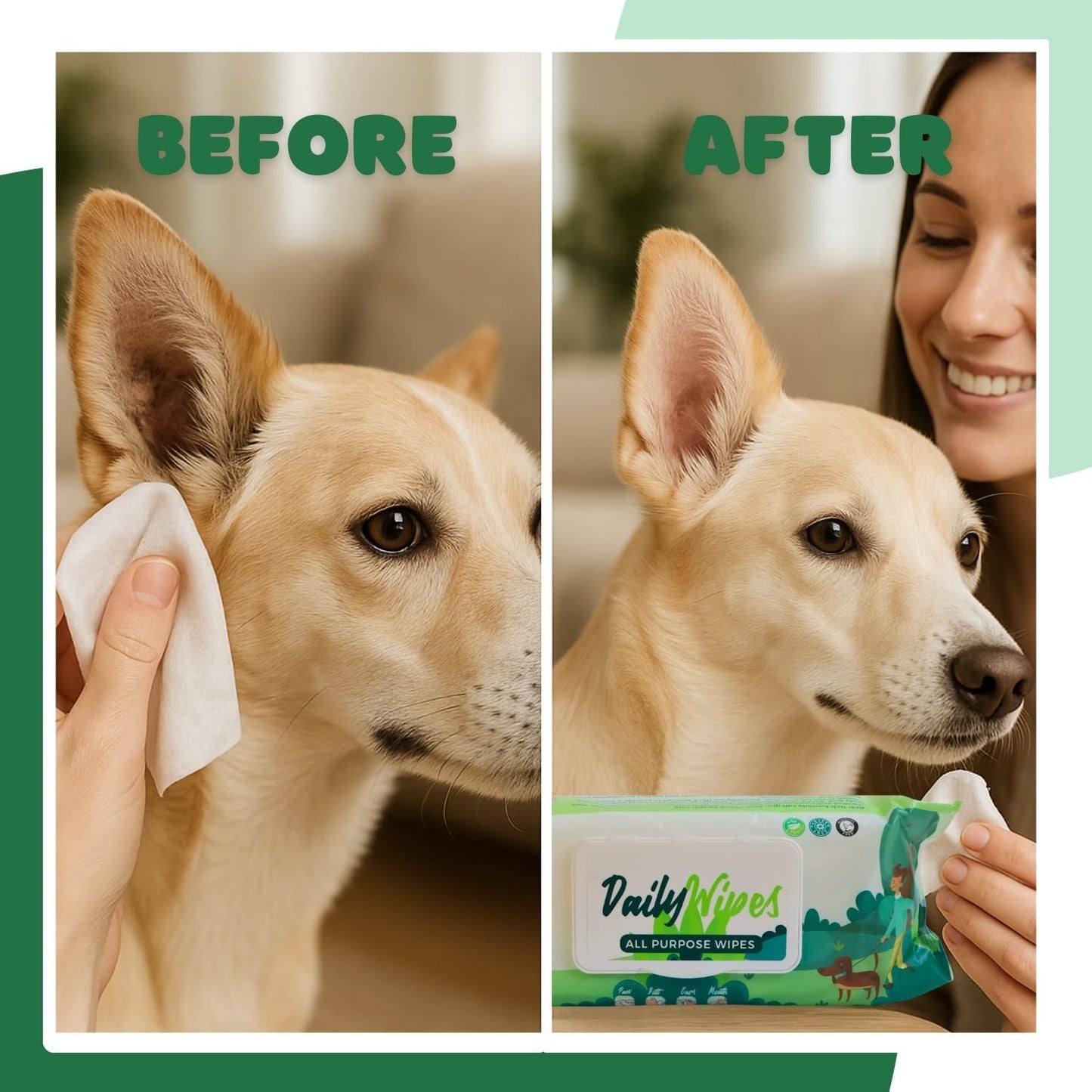BASIL - Pet Grooming Wipes – 80 Count (8″ × 8″) | Aloe Vera, Vitamin E & Castor Oil Infused | Multi-Purpose Wipes for Dogs, Cats & Puppies | Cleans Paws, Ears, Mouth & Butt | Lemon Scent, Paraben-Free