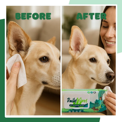 BASIL - Pet Grooming Wipes – 80 Count (8″ × 8″) | Aloe Vera, Vitamin E & Castor Oil Infused | Multi-Purpose Wipes for Dogs, Cats & Puppies | Cleans Paws, Ears, Mouth & Butt | Lemon Scent, Paraben-Free