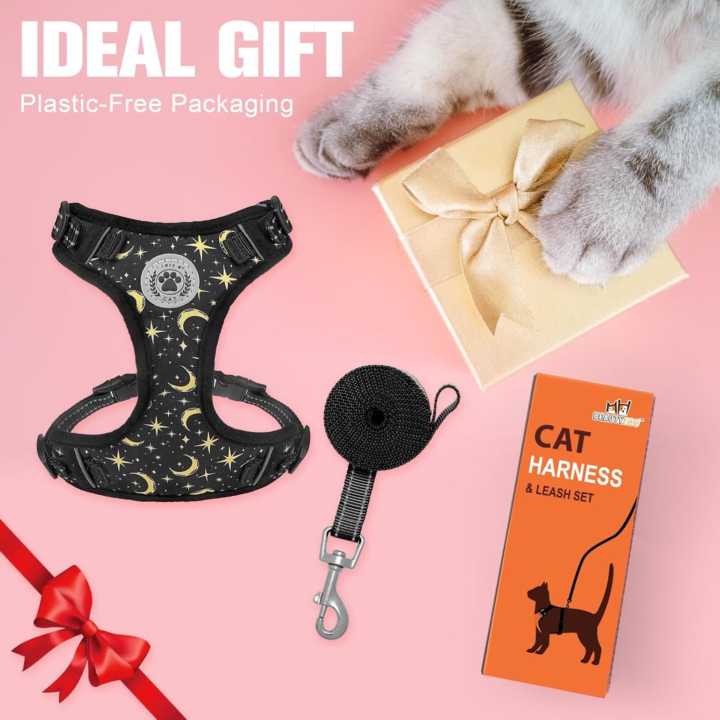 BEAUTYZOO Cat Harness and Leash Set for Walking Escape Proof, Neck Release Adjustable Harness for Kitten Puppy Small Medium Large Cats, Soft Cute Easy Control Small Cat Harness for Cats Boy and Girls