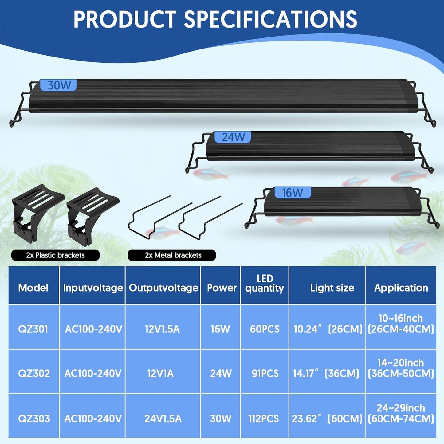 QZQ LED Aquarium Light, 30W Fish Tank Light with 24/7 Lighting Mode, Timer, DIY Mode, Adjustable Brightness, Full Spectrum Aquarium Plant Light with Extendable Brackets for 24-29 Inch Fish Tank
