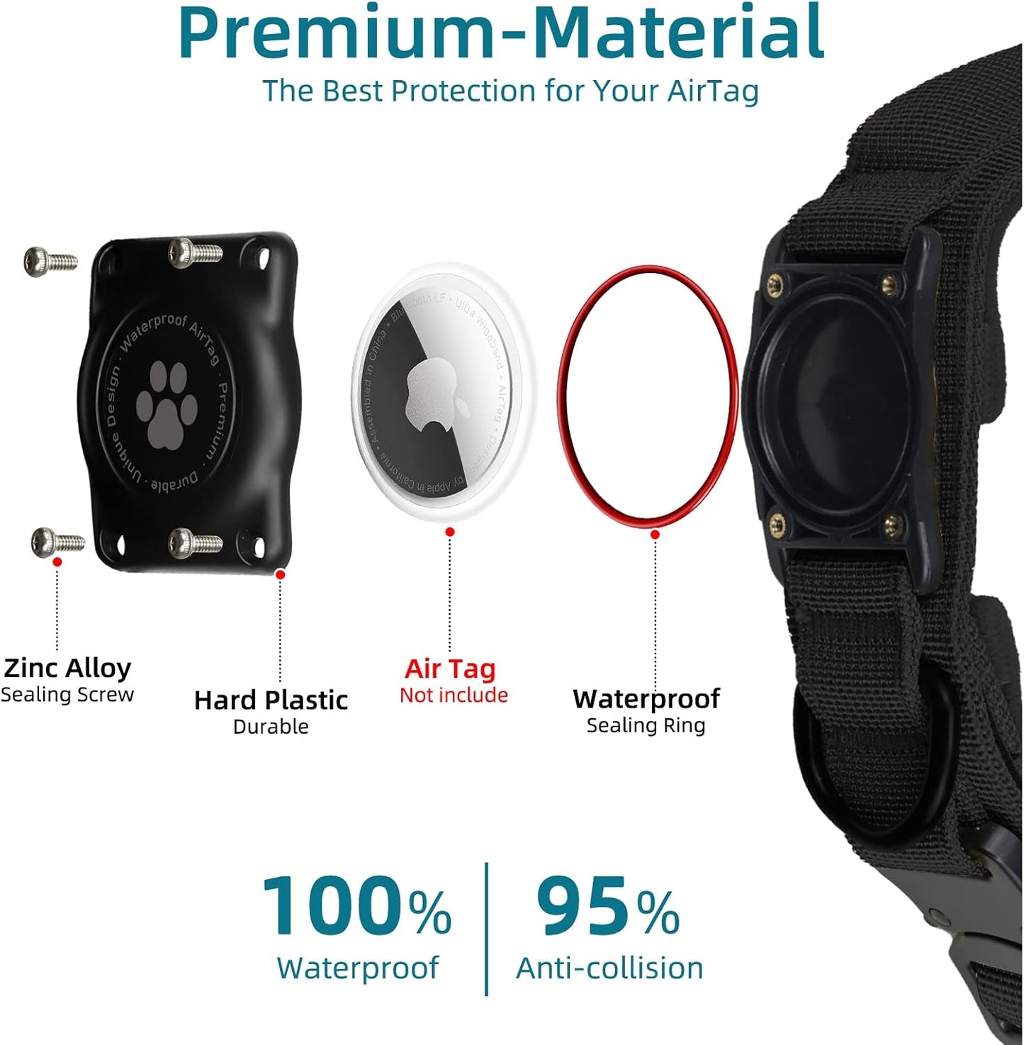 Tactical AirTag Dog Collar, 100% Waterproof Integrated Apple Air Tag Dog Collars with Hard PC AirTag Holder, Adjustable Military Collar with Handle, GPS Dog Collar for Medium Large Dogs (L, Black)